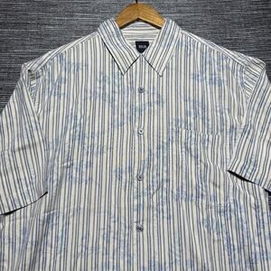 Silk Icon Shirt Men's L Beige Blue Short Sleeve Button Up